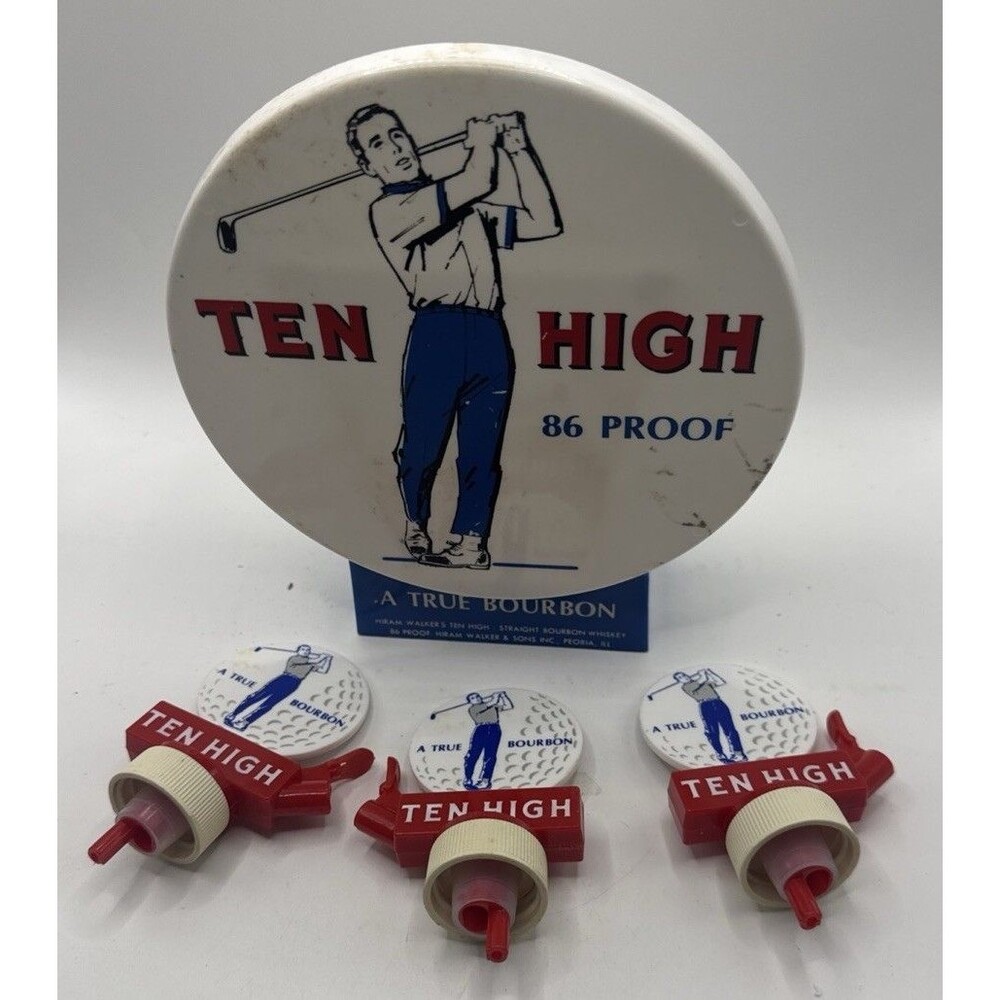 Vintage Ten High Bourbon Whiskey Barware Set Golfing Caddy & 3 Bottle Pourers